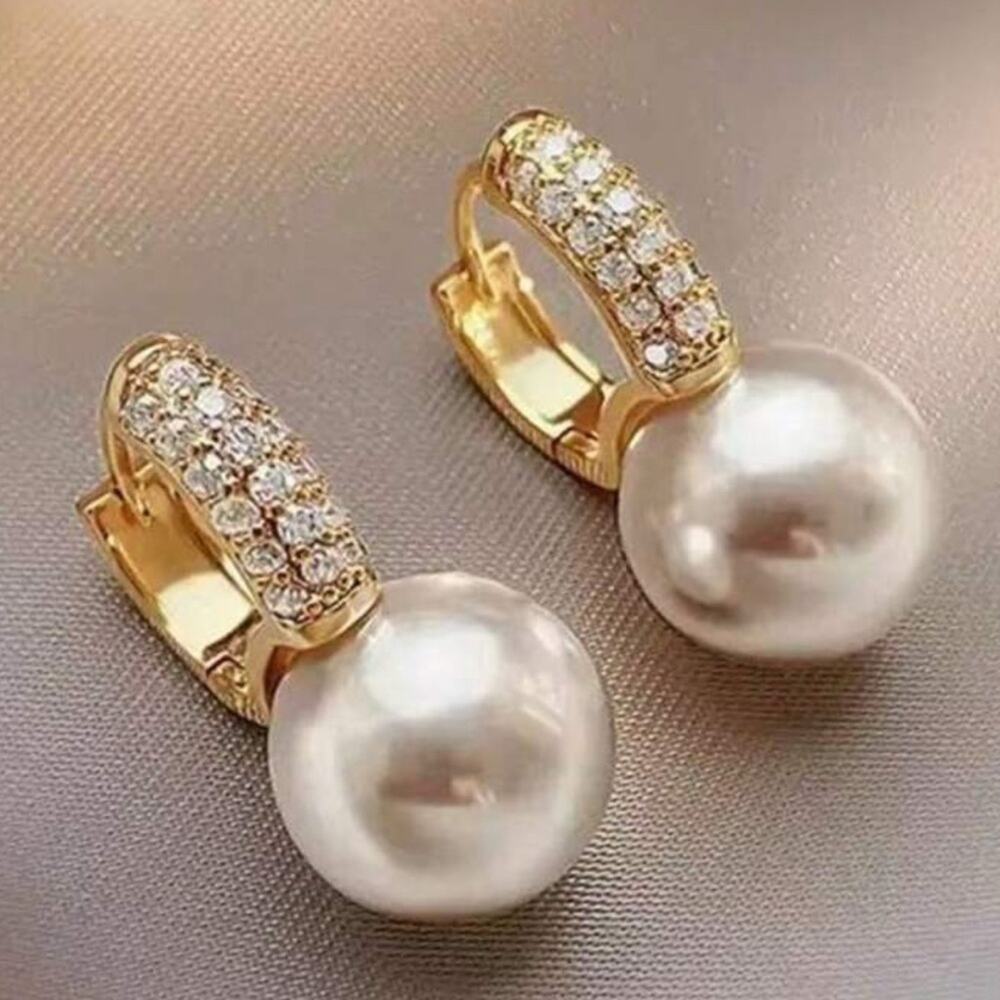 Champagne Pearl Rhinestone Huggie Earrings